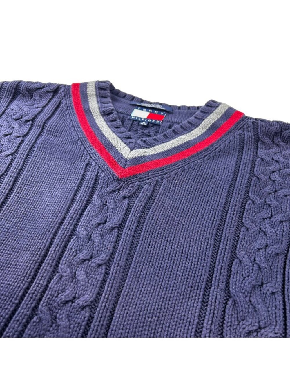 VTG Tommy Hilfiger Men's Preppy Varsity Chunky Cable Knit Sweater  Blue • XL